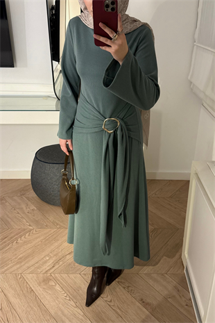 Diana Önden Bağlamalı Triko Elbise-Çağla