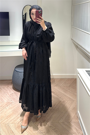 Düğme Detaylı Kuşaklı Elbise - Siyah