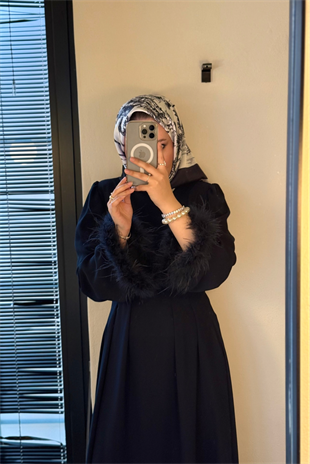 Kolları tüylü ithal elbise-lacivert - vakronline