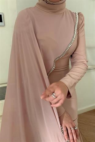 Milena Taşlı Premium Elbise-Pudra