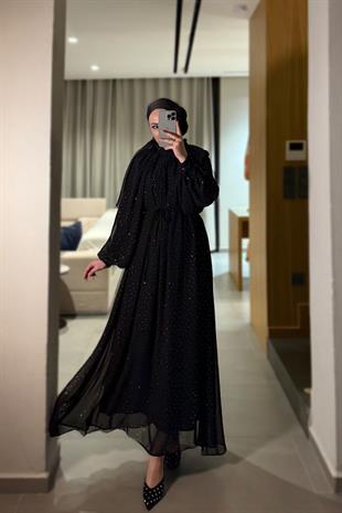 Glamour taşlı elbise-siyah - vakronline