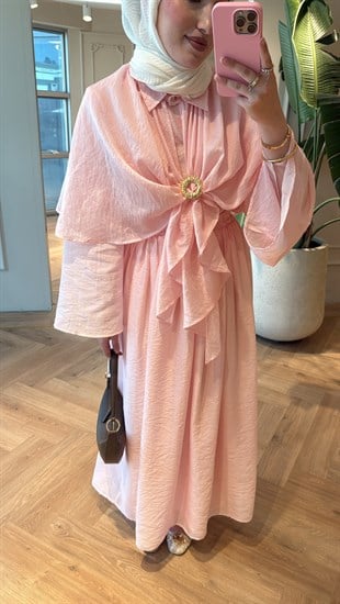 Elena Pelerinli Vual Etekli Takım - Pembe