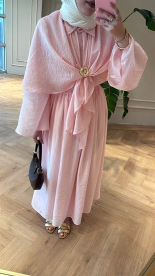 Elena Pelerinli Vual Etekli Takım - Pembe