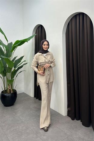 Paria pantolonlu tensel takım-bej