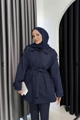 Night işıltılı trençkot-lacivert - vakronline