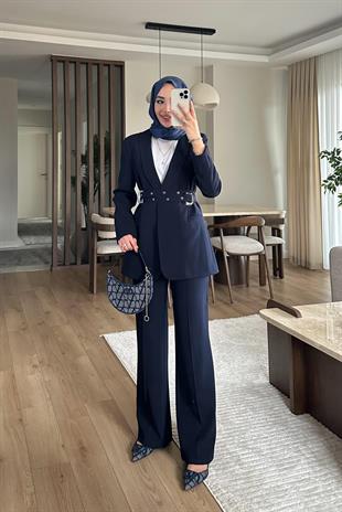 Premium çift kemer detaylı ceket takım - laci̇vert - vakronline