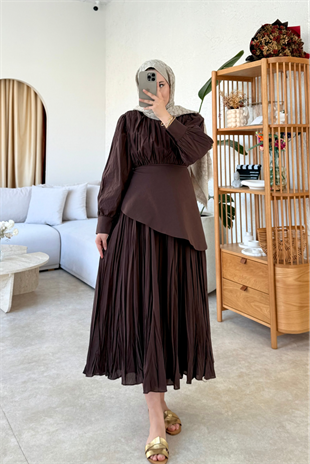 Monna vual kraşlı elbise kahve - Vakronline