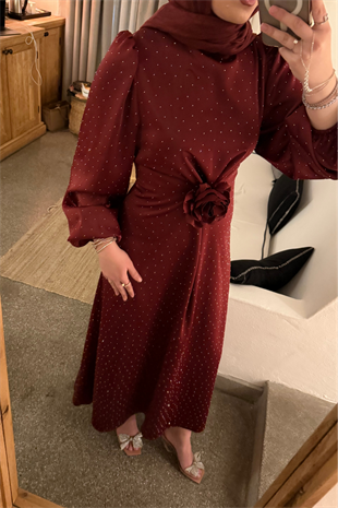 Francisco taşlı elbise bordo - vakronline