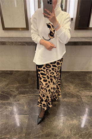 Leopar Saten Etekli Takım-Ekru