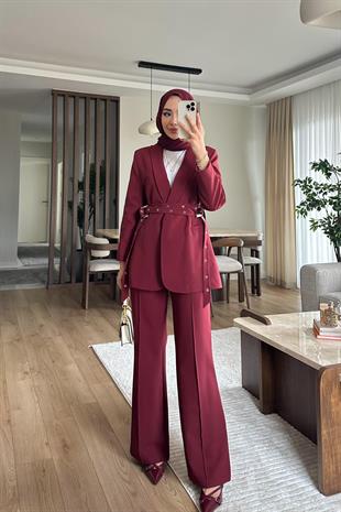 Premium çift kemer detaylı ceket takım - bordo - vakronline