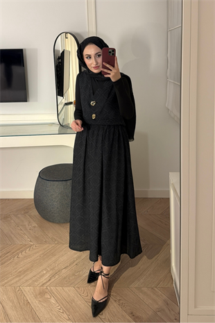 Farah Gold Düğmeli Etekli Takım-Siyah