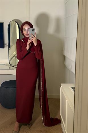 Milena Taşlı Premium Elbise-Bordo(ÖN SİPARİŞ)