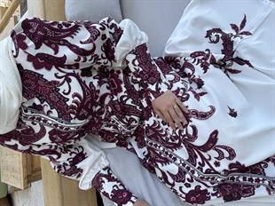 Etnik desenli premium kemerli elbise bordo (ön sipariş) - Vakronline