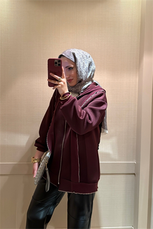 Fermuarlı Puf Sweatshirt bordo