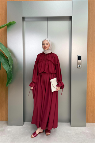 Fırfırlı Şifon Pantolonlu Takım-Bordo