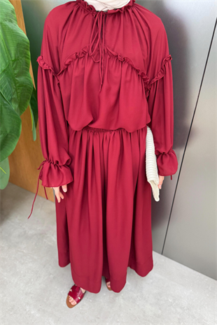 Fırfırlı Şifon Pantolonlu Takım-Bordo
