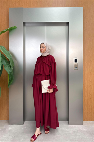 Fırfırlı Şifon Pantolonlu Takım-Bordo