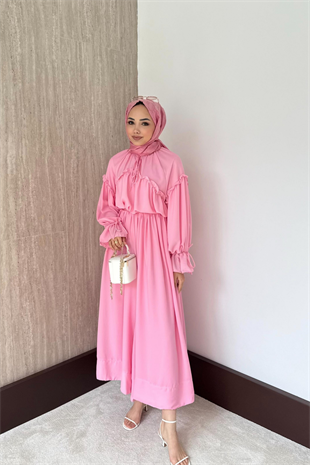Fırfırlı Şifon Pantolonlu Takım-Pembe