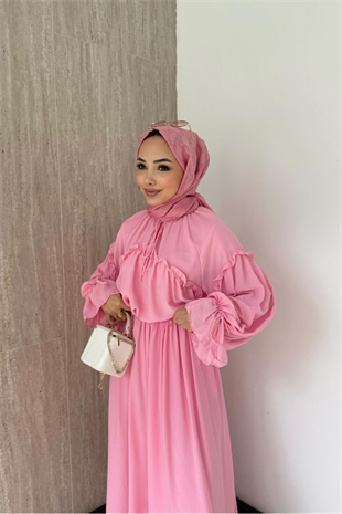 Fırfırlı Şifon Pantolonlu Takım-Pembe