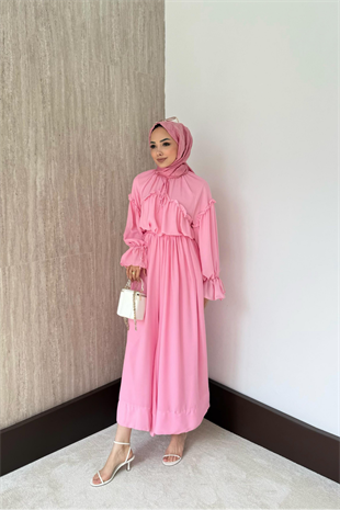 Fırfırlı Şifon Pantolonlu Takım-Pembe