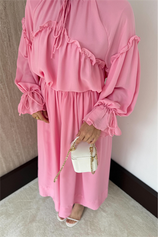 Fırfırlı Şifon Pantolonlu Takım-Pembe