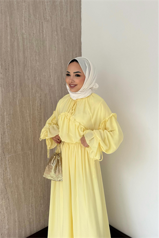 Fırfırlı Şifon Pantolonlu Takım-Sarı