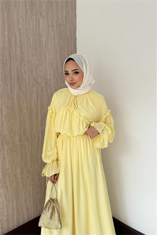 Fırfırlı Şifon Pantolonlu Takım-Sarı