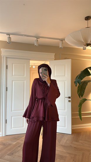 Flora Pantolonlu Takım Bordo