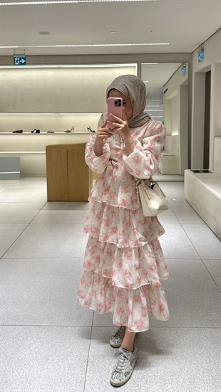 Eteği Kat Volanlı Bahar Desenli Elbise - Pembe