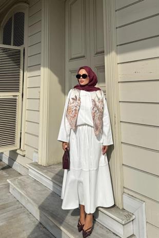 Gabardin Tensel Etekli Takım Ekru