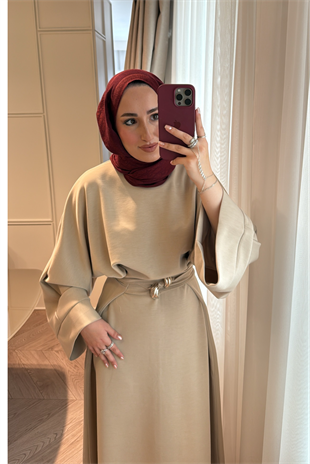 Giza Belden Kemerli Elbise-Bej