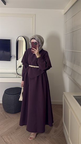 Grose Pelerin Detaylı Elbise - Mürdüm 