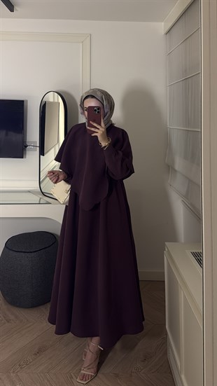 Grose Pelerin Detaylı Elbise - Mürdüm 