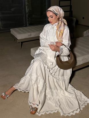 İthal Dantelli Elbise - Ekru