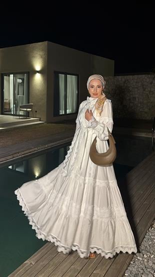 İthal Dantelli Elbise - Ekru