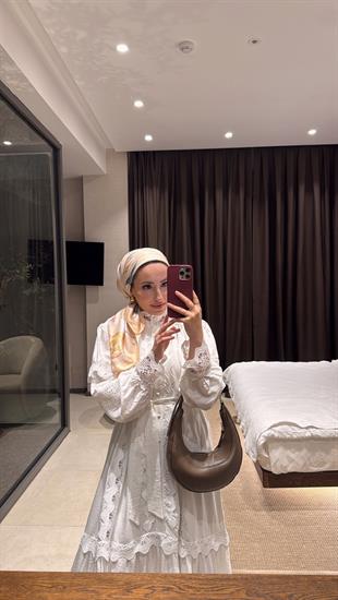 İthal Dantelli Elbise - Ekru