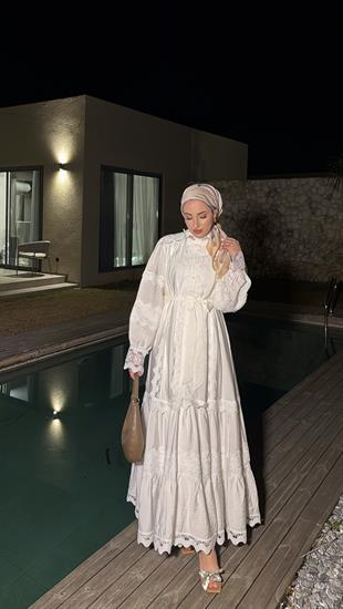 İthal Dantelli Elbise - Ekru