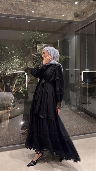 İthal Dantelli Elbise - Siyah (ÖN SİPARİŞ )