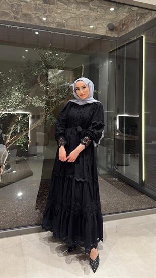 İthal Dantelli Elbise - Siyah (ÖN SİPARİŞ )