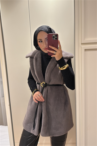 Kemer Detaylı Yakalı Angora Kürk Yelek-Gri