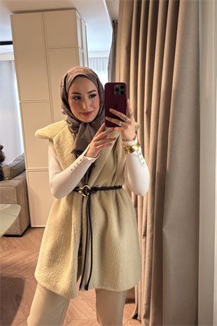 Kemer Detaylı Yakalı Angora Kürk Yelek-Bej