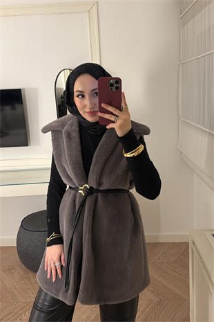 Kemer Detaylı Yakalı Angora Kürk Yelek-Gri