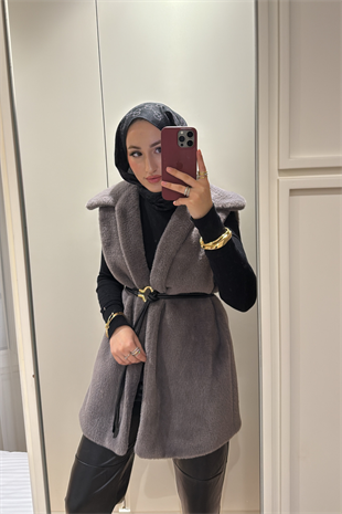 Kemer Detaylı Yakalı Angora Kürk Yelek-Gri