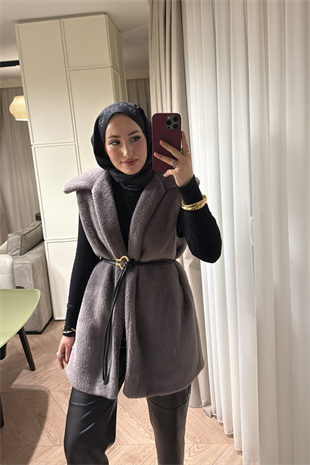 Kemer Detaylı Yakalı Angora Kürk Yelek-Gri