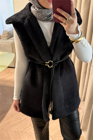 Kemer Detaylı Yakalı Angora Kürk Yelek-Siyah