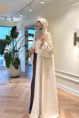 Kolları Taş Büzgü Detaylı Abaya - Bej  (ŞAL HEDİYELİ )