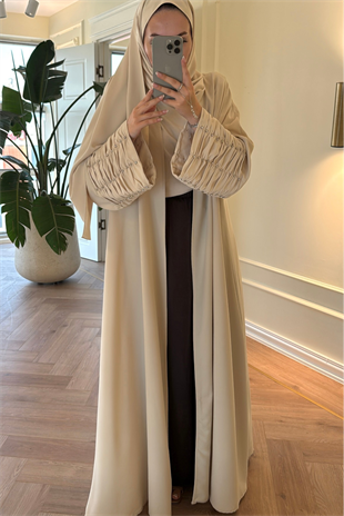 Kolları Taş Büzgü Detaylı Abaya - Bej  (ŞAL HEDİYELİ )