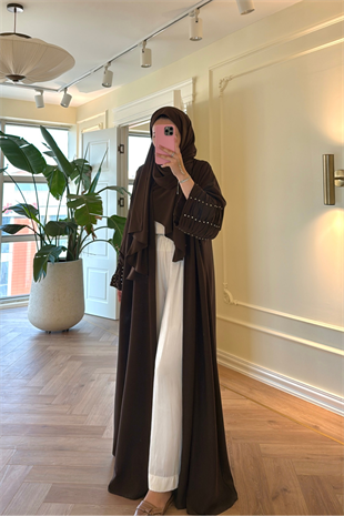 Kolları Taş Büzgü Detaylı Abaya - Kahve (ŞAL HEDİYELİ )