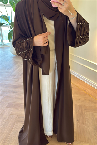 Kolları Taş Büzgü Detaylı Abaya - Kahve (ŞAL HEDİYELİ )