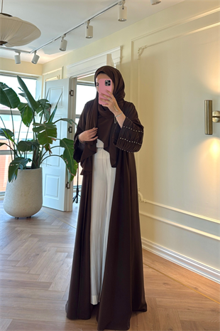 Kolları Taş Büzgü Detaylı Abaya - Kahve (ŞAL HEDİYELİ )